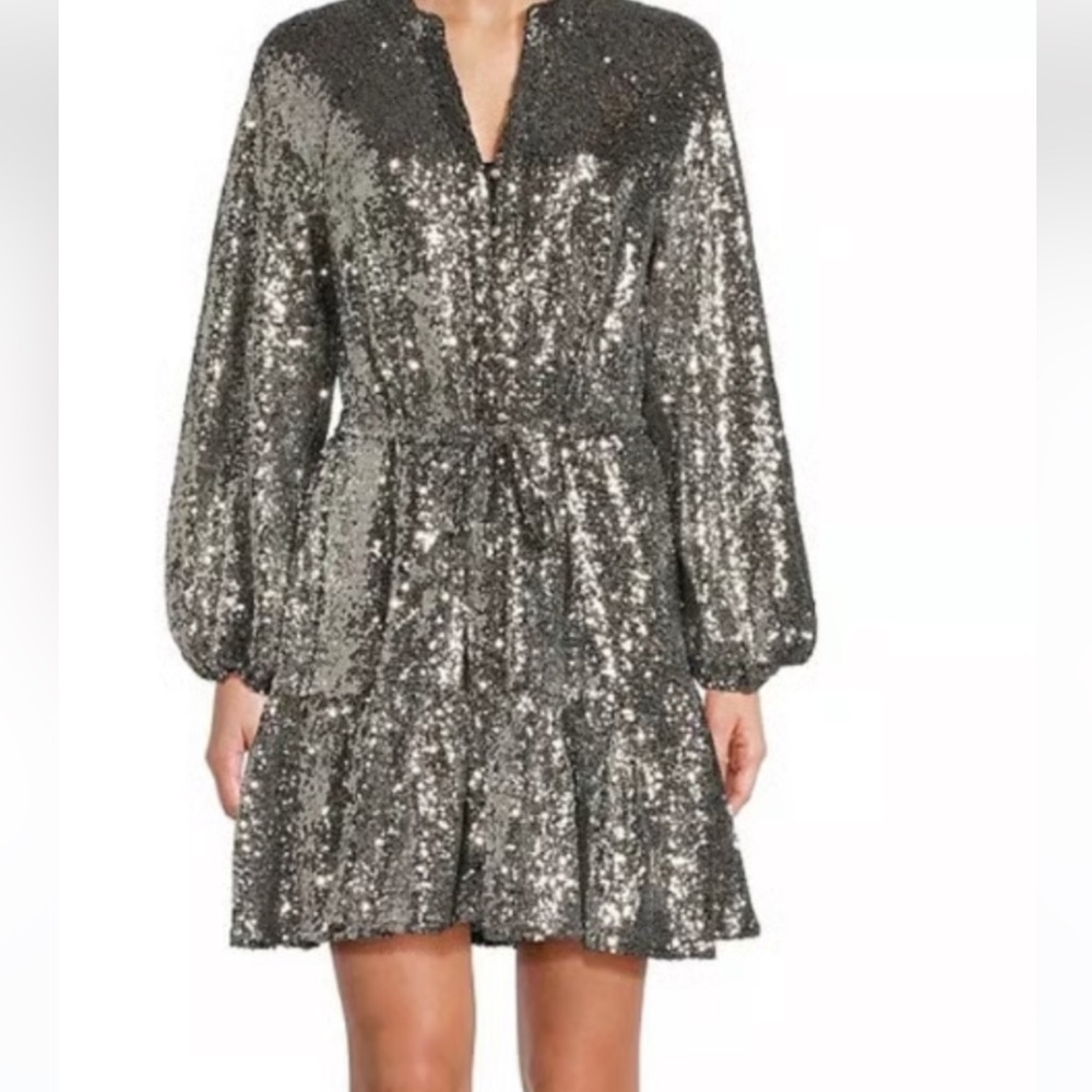 NWT Alex Marie Shimmering Silver Sequin V-Neck Long Sleeve Tie Waist Mini Dress